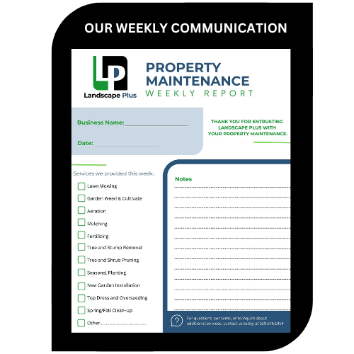 Custom property maintenance weekly report for commercial clients, highlighting landscaping tasks and progress