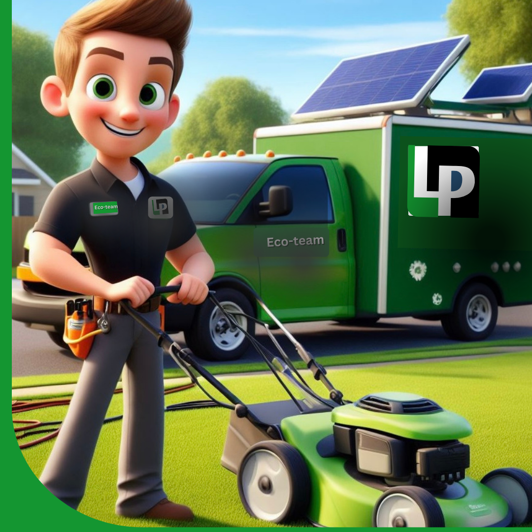 Cartoon image of the Landscape Plus Eco-team using solar-powered green maintenance equipment for sustainable landscaping.